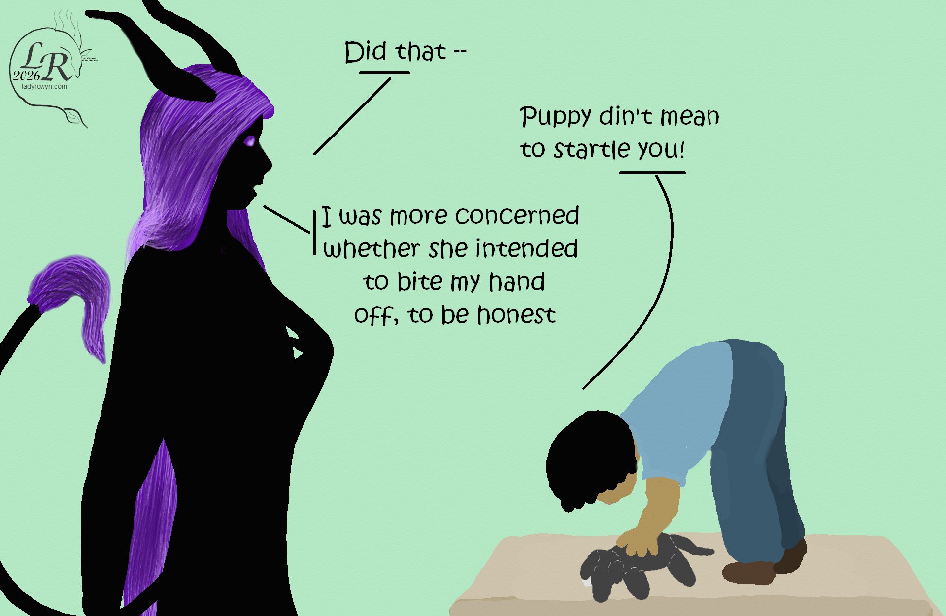 
Zhenshay, still startled, clutching his chest. Puppy is a plushie again, fallen to the counter while smol child bends to pick her up. 
Zhenshay: “Did that --” 
Smol child: “Puppy din’t mean to startle you.” 
Zhenshay: “I was more concerned whether she intended to bite my hand off, to be honest.” 
